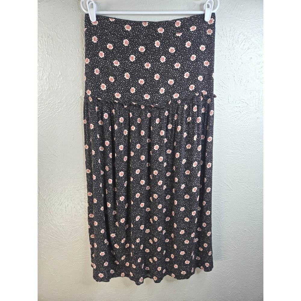 Tiered Midi Skirt L Black Ditsy Floral Flowy Dark Boho Whisygoth Fairy Grunge